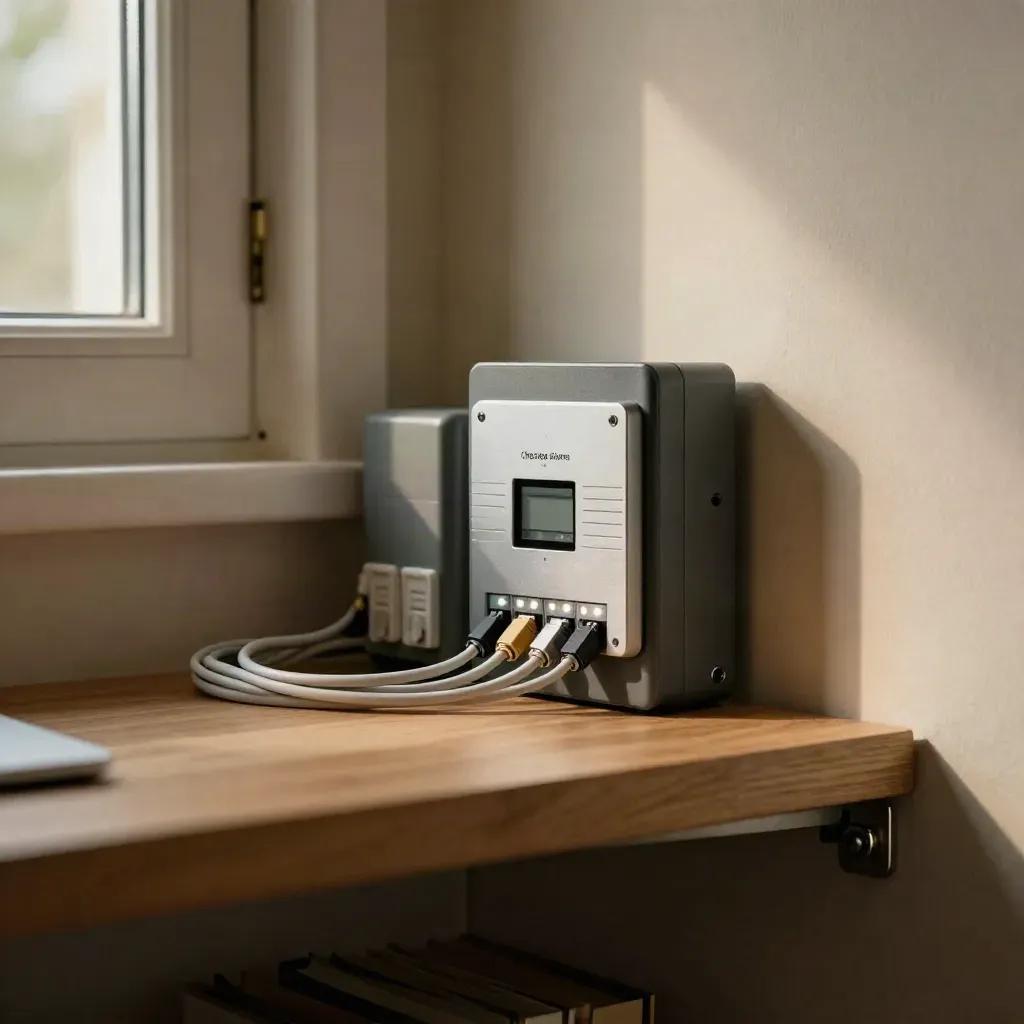 Upgraded alarm hub with sensors and battery on a utility shelf in warm late-afternoon light.