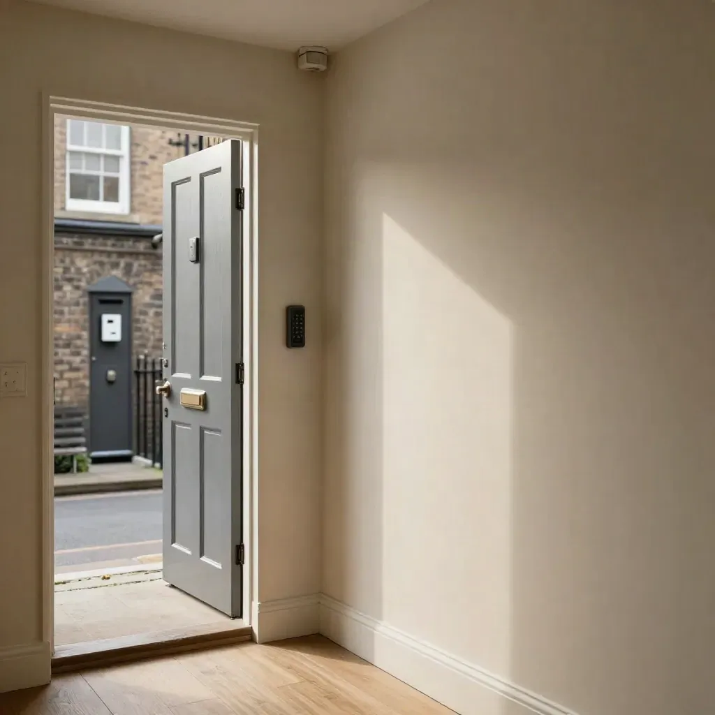 Fresh alarm keypad and sensors in a warm terraced hallway, with bell box visible outside.