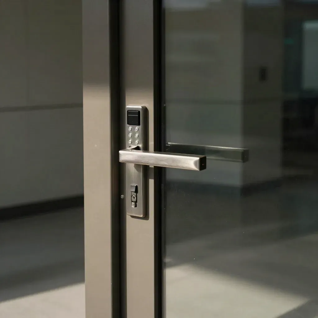 Glazed office entrance with keypad reader, door strike, fobs and brushed metal closer.