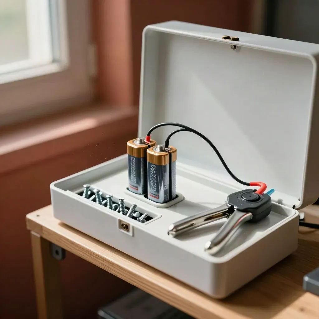 Open alarm panel with fresh battery, reset tamper switch, and repair tools on a warm utility shelf.