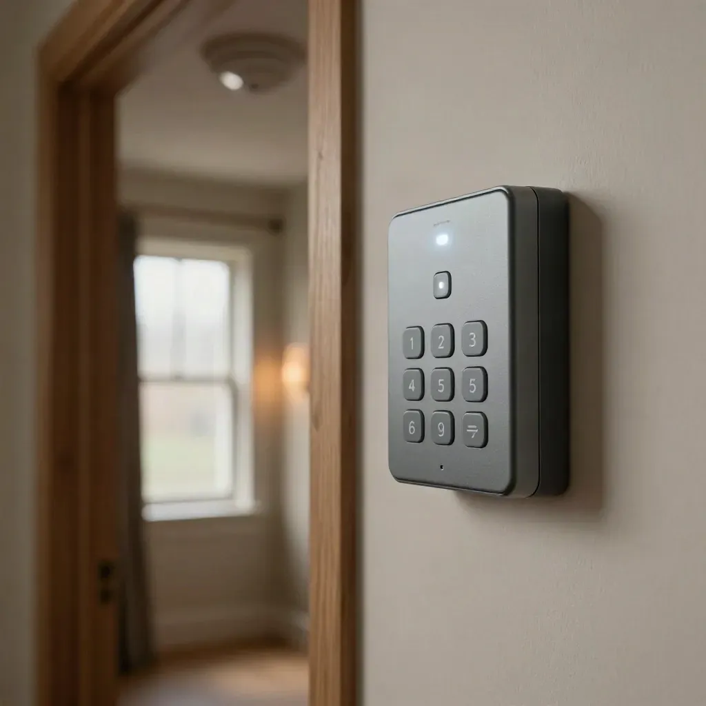 Macro of a terraced hallway alarm upgrade with keypad, PIR sensor and bell box.