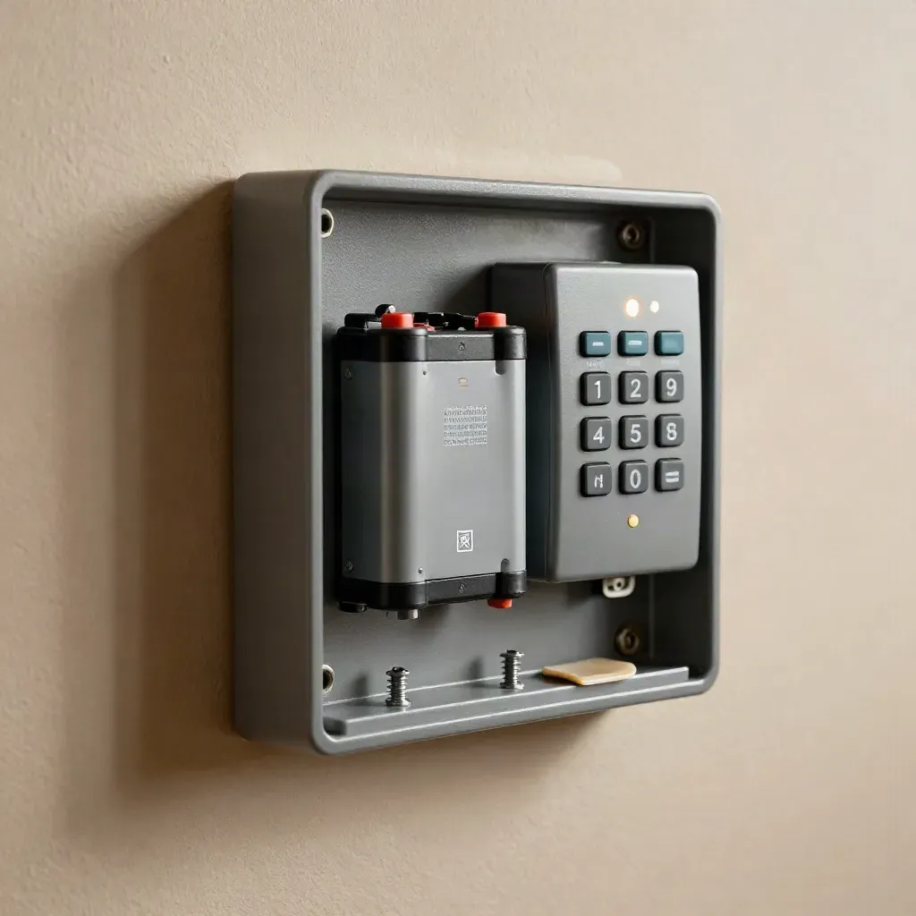 Open alarm panel with battery seated, keypad lit, and small screw tray on a plaster wall.