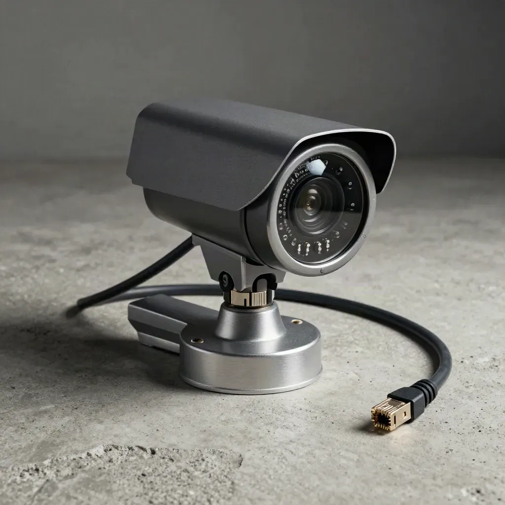 Side-lit CCTV camera, crimps, gland and network cable on cool concrete.