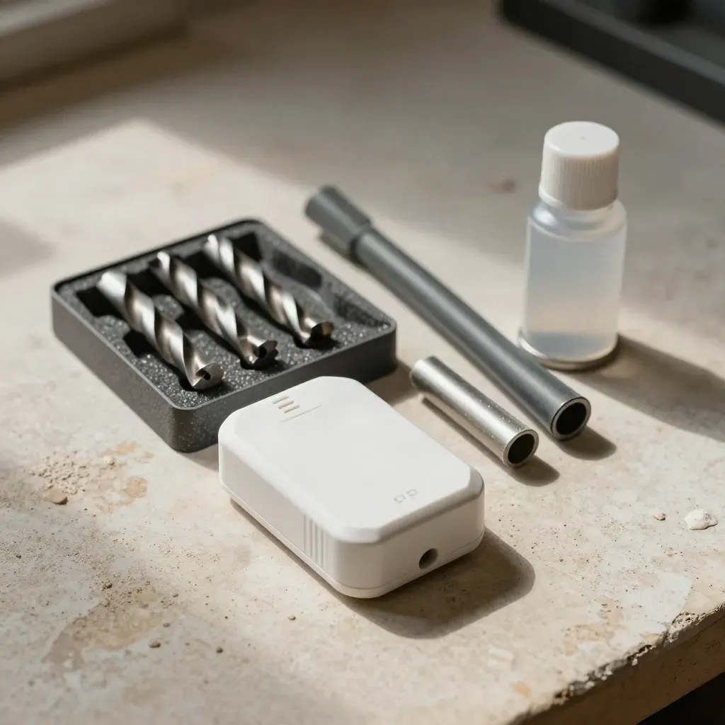 PIR sensor, drill bits, trunking and test spray on a pale workbench, angled overhead