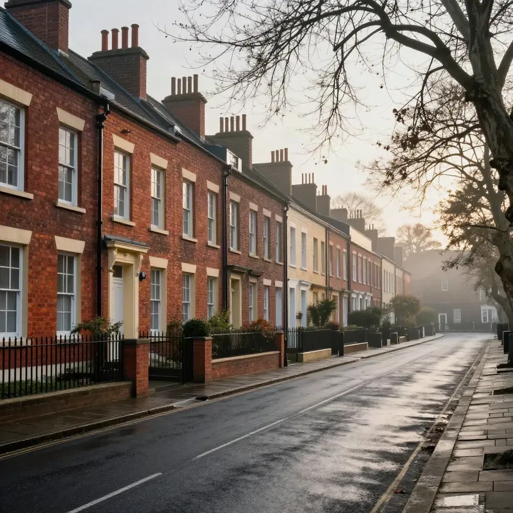 Golden-hour Hoole terrace street under misty trees, wet road and calm copy space
