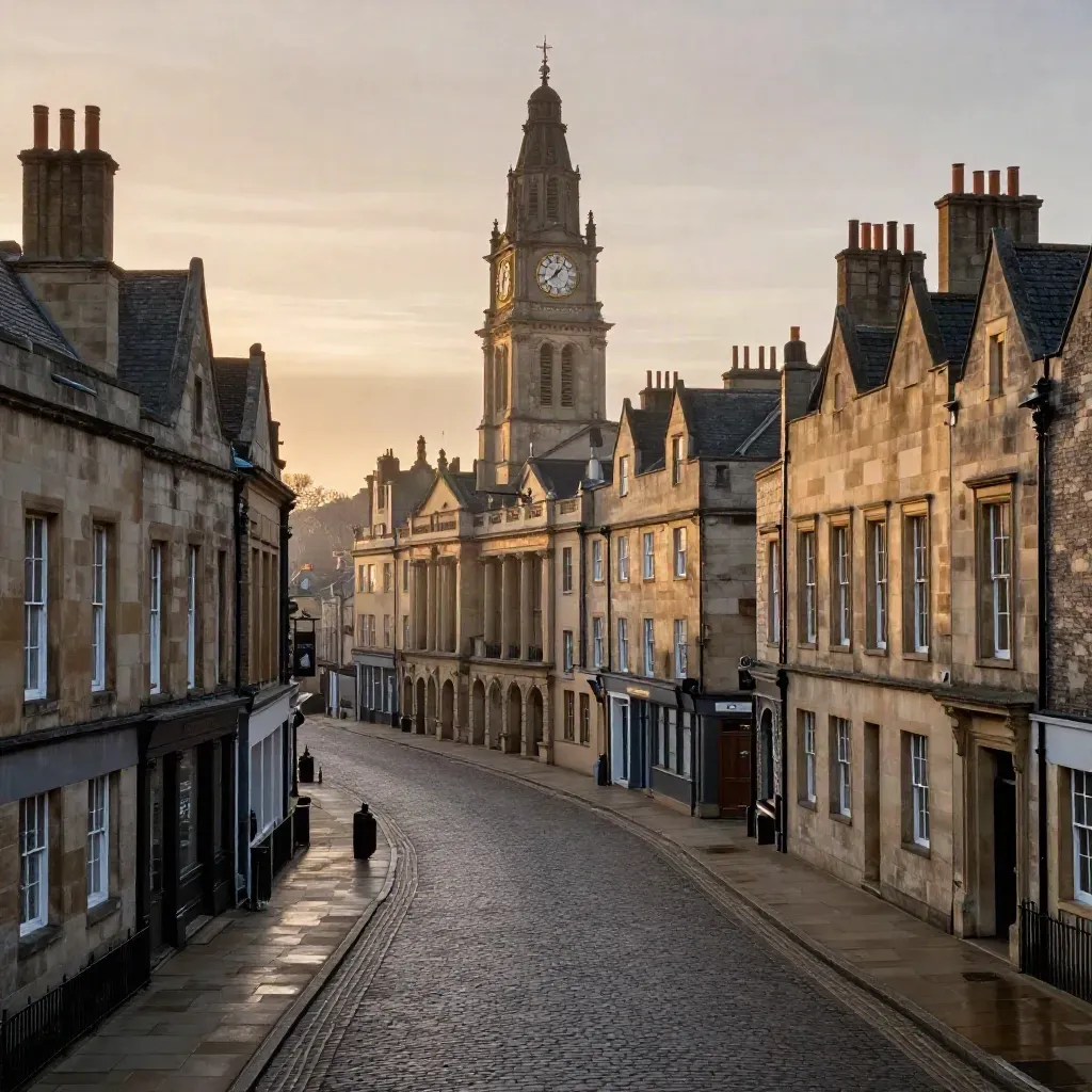 Eastgate Clock above Chester Rows and sandstone façades over wet stone in evening haze