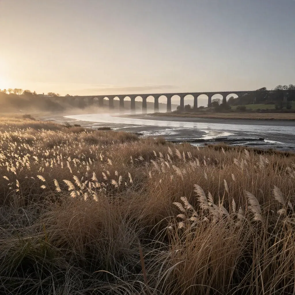 Foggy River Dee marshes near Saltney with a distant viaduct at sunset